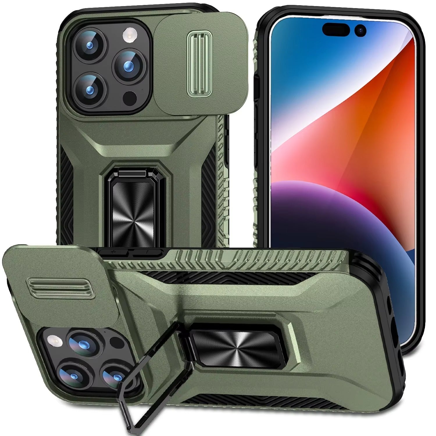 Premium Military-Grade iPhone Case – Shockproof All Around Protection Cover with Sliding Camera Lens Guard, Rotary Stand and Anti-Slip Grip