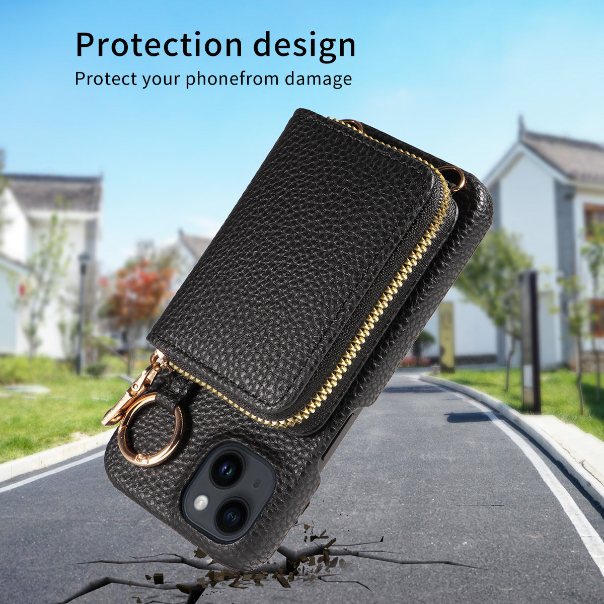 Luxury Zipper Wallet Crossbody iPhone Case Leather Cover with Card Holder Lanyard Strap and Full Protection for iPhone Models
