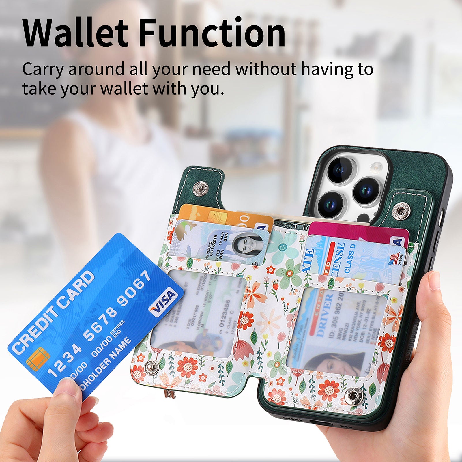Zipper Card Slot Wallet iPhone Case – Magnetic Closure, Purse Pocket, Floral Design, Shockproof Protective Cover for iPhone