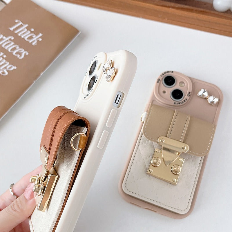 Premium Apple iPhone Case, MagSafe Compatible, Camera Lens & Screen Protection, Ultra Thin, Shockproof, Magnetic Full All Around Cover – Crystal Bow Crossbody Purse Case with Metal Button & Card Holder