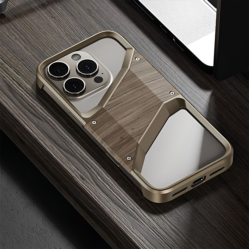 Irregular Metal Frame iPhone Case – Aluminum Alloy and Solid Wood Shockproof Frameless Cover for iPhone Models Design