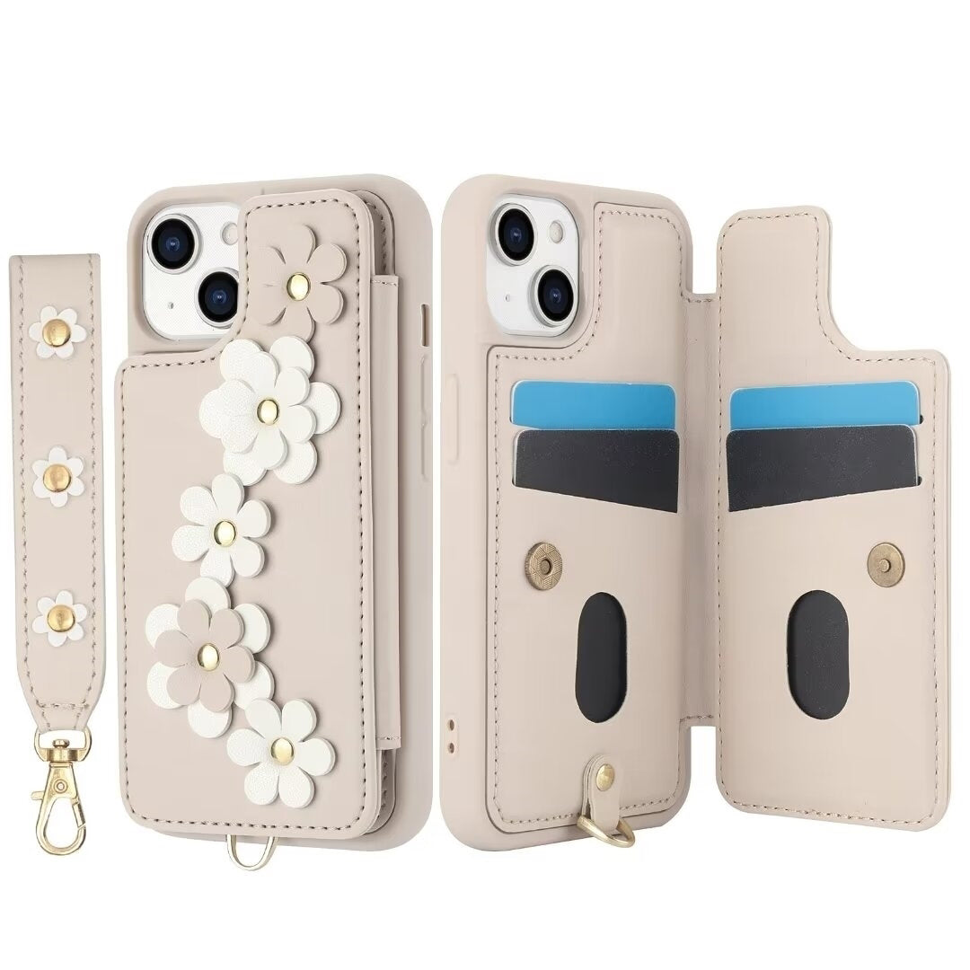 Luxury Crossbody Wallet Leather iPhone Case – 3D Flower Design, Card Slot, Wrist Strap, Magnetic Closure, Protective Cover