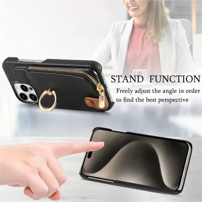 Luxury Leather Zipper Wallet iPhone Case – Card Holder, Ring Kickstand, Shockproof Cover for iPhone Models