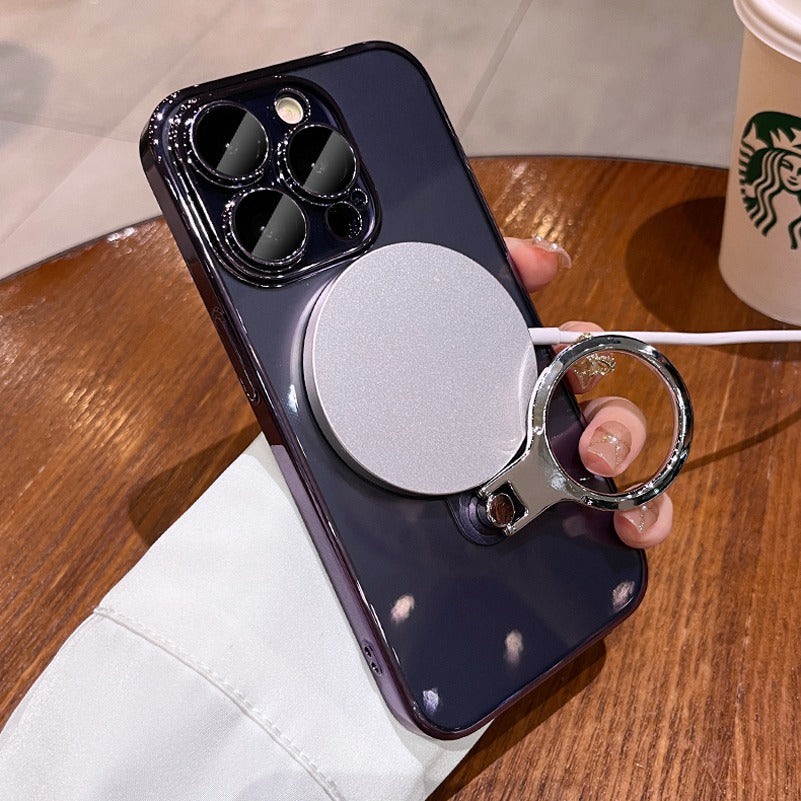 Luxury Ring Holder - Transparent Hard Acrylic Cover, Built-in Bracket, Magnetic Wireless Charging Compatible Case for iPhone
