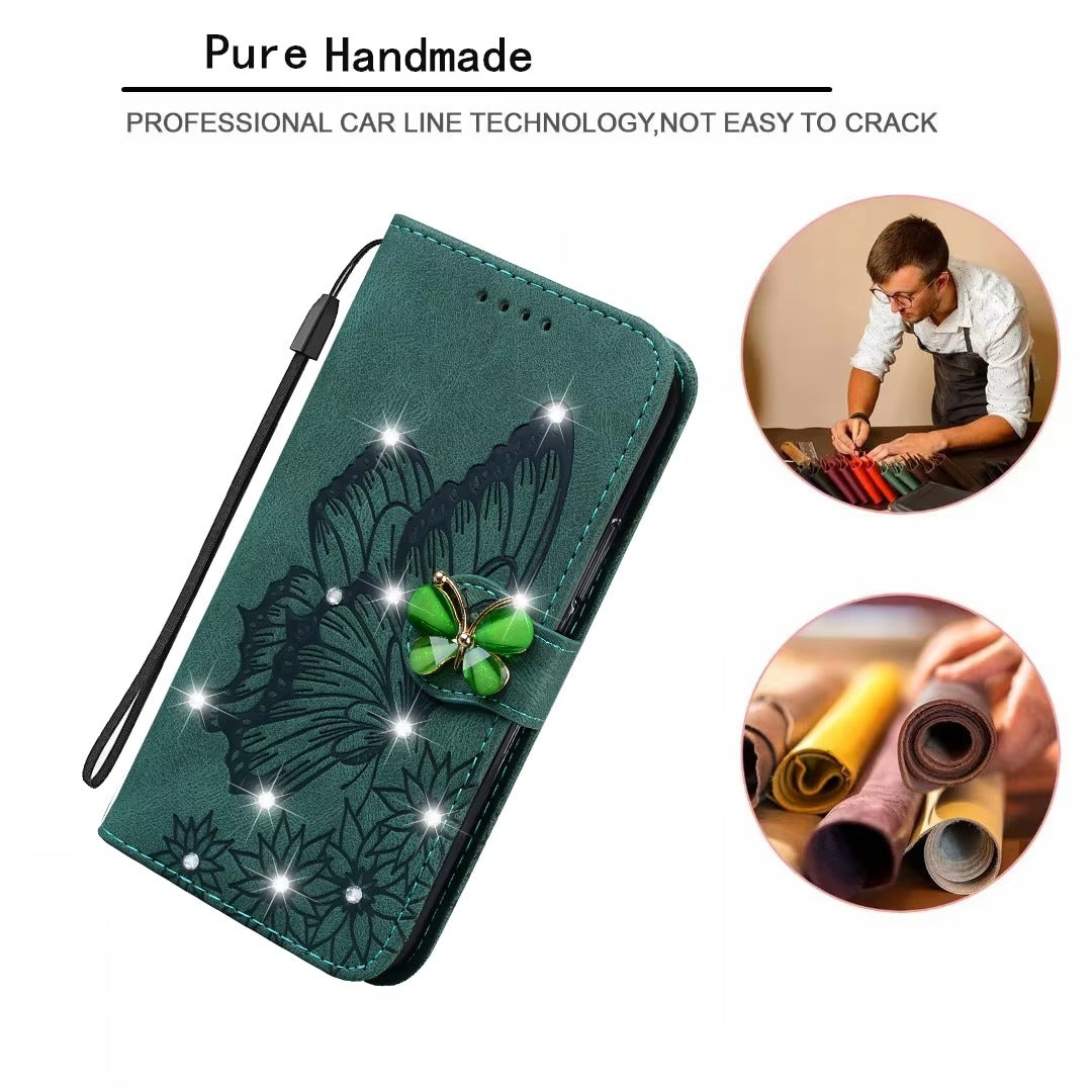 Luxury Apple iPhone Case, MagSafe Compatible, Camera Lens and Screen Protection, Ultra Thin, Shockproof, Magnetic, Full All Around Protection, Butterfly Glitter Wallet Cover