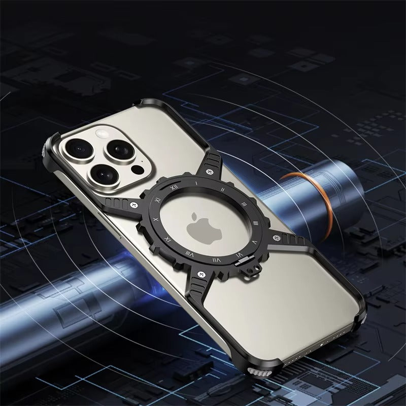 Robust Apple iPhone Case, MagSafe Compatible, Camera Lens & Screen Protection, Ultra Thin, Shockproof, Magnetic Full All Around Cover – X-Shaped Gear Aluminum Case with 360° Stand & Noctilucent Frameless Design