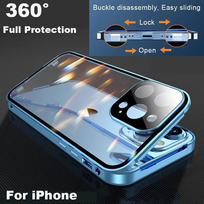 Luxury Apple iPhone Case MagSafe Compatible, Camera Lens & Screen Protection, Cover with Double-Sided Glass Bumper Lock