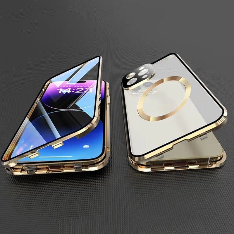 Premium Apple iPhone Case Ultra Thin Shockproof Magnetic Full All Around Protection Cover with Metal Frame Glass Design