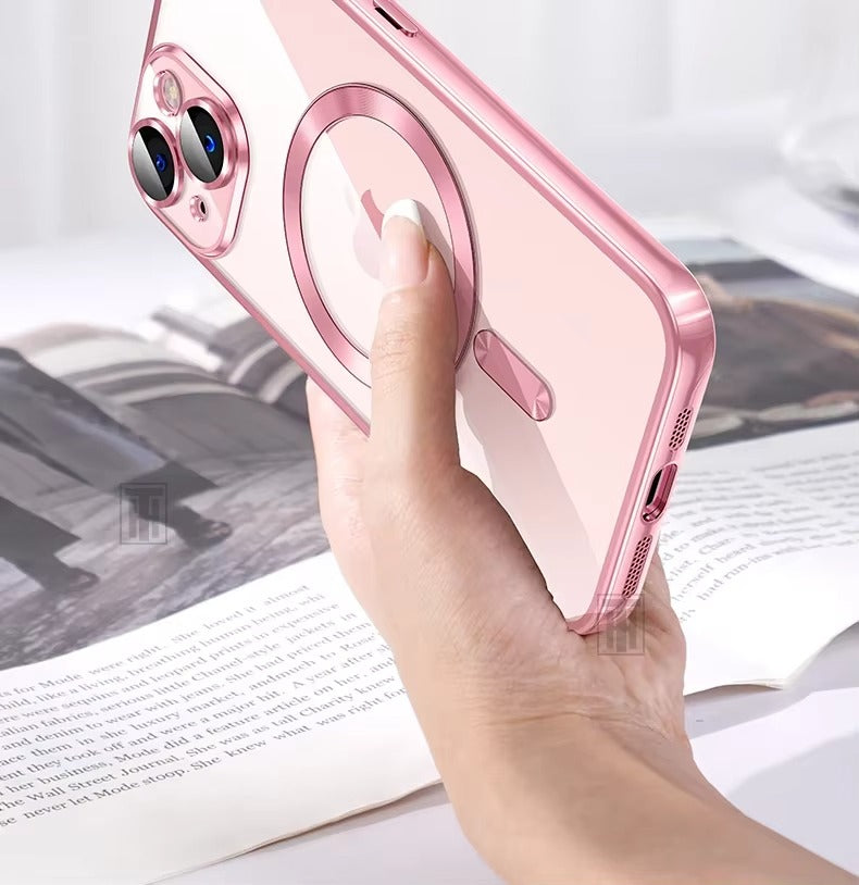 Luxury Apple iPhone Case, MagSafe Compatible, Camera Lens & Screen Protection, Ultra Thin, Shockproof, Magnetic Full All Around Cover – Plating Transparent Silicone TPU Case with Magnetic Back & Lens Film Protection