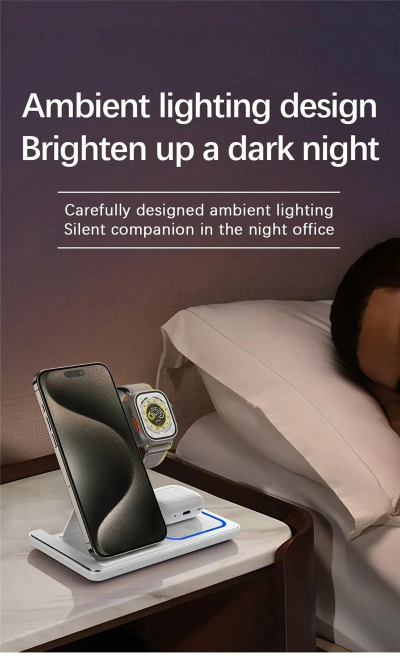Premium 4 in 1 Wireless Charging Station with LED Light – Foldable Fast Charger Stand for Phones, Apple Watch, AirPods and Qi-Compatible Devices
