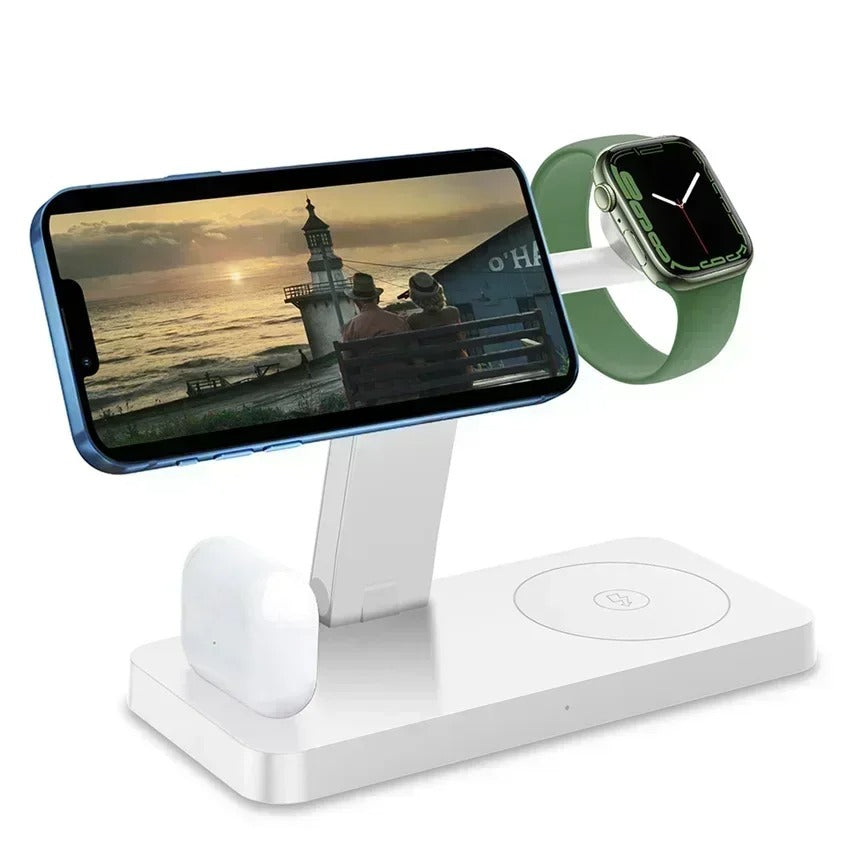 Premium 5 in 1 Magnetic Wireless Charging Station – Foldable Fast Charger Stand for Phones, Smartwatches, Earbuds with 30W Output & LED Night Light