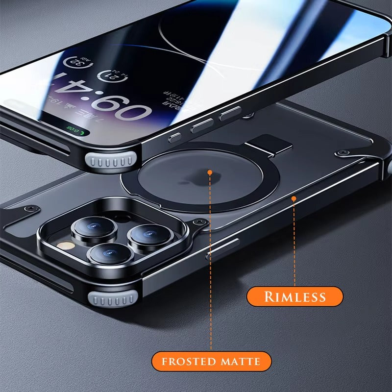 Luxury Edgeless Apple iPhone Case, MagSafe Compatible, Ultra Thin Magnetic Metal Frame and Aluminum Kickstand