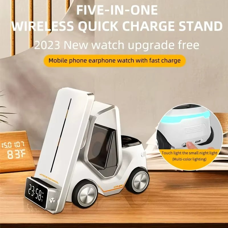 Premium 5 in 1 Magnetic Wireless Charging Station – Fast Charger Stand with Alarm Clock, Adjustable Phone Holder, LED Lamp for iPhone, Watch and AirPods