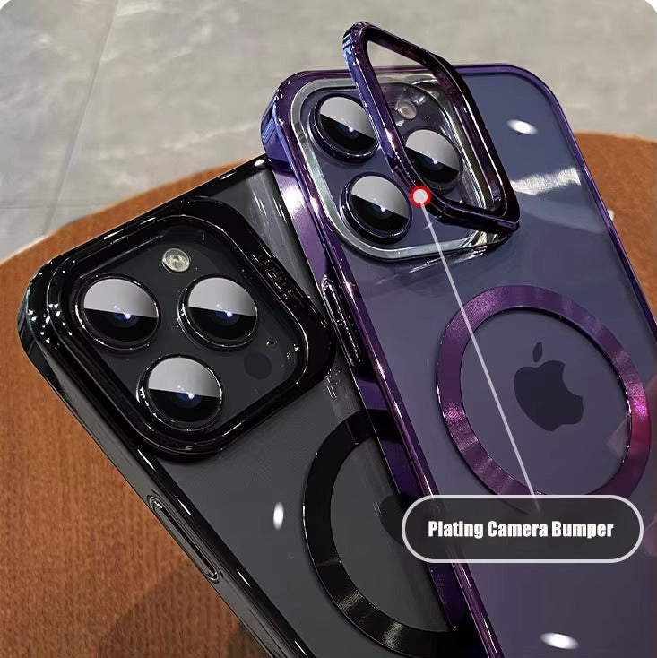 Luxury Apple iPhone Case Ultra Thin Shockproof Magnetic Full All Around Protection Cover with Transparent Plating Bracket