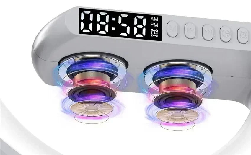 Luxury Wireless Charging Alarm Clock – Bluetooth Speaker with Sunrise Wake-Up Light, RGB Night Lamp, Sleep Aid, 5W Fast Charger for Qi-Enabled Devices