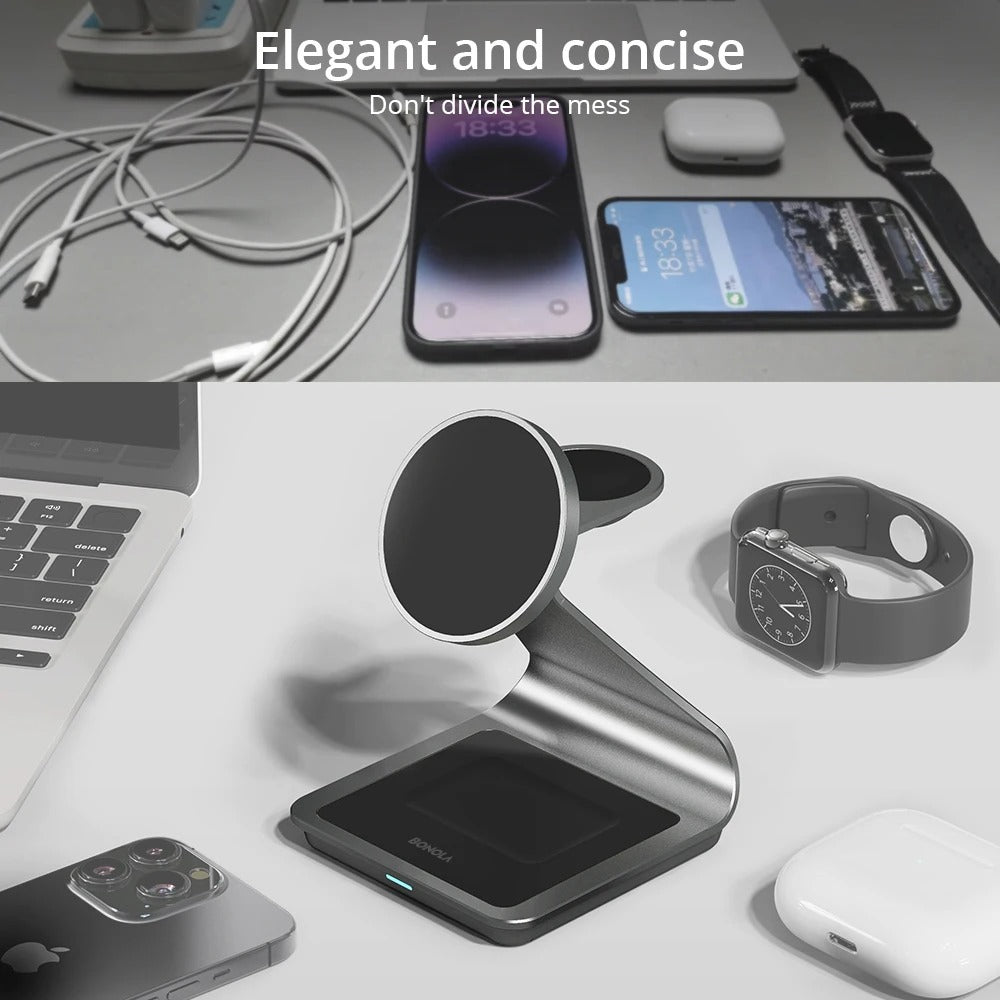 Premium 3 in 1 Magnetic Wireless Charging Stand – 15W Fast Charger Dock with Aluminum Alloy Metal Design for iPhone, Apple Watch and AirPods