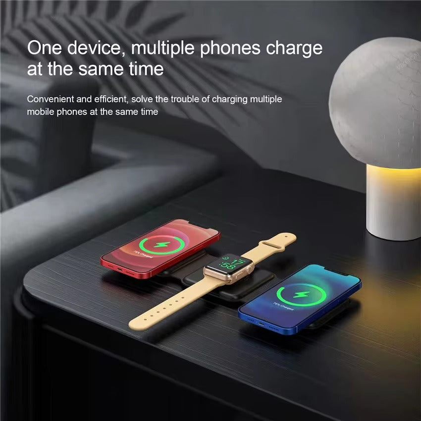 Premium 3 in 1 Magnetic Wireless Charger Pad – Portable Fast Charging Dock for iPhone, Apple Watch, AirPods with Foldable Stand, Type-C, 15W Output