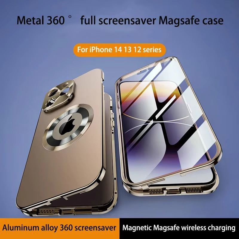 Premium Apple iPhone Case MagSafe Shockproof Magnetic Full All Around Protection Cover with Double Glass Alloy Frame