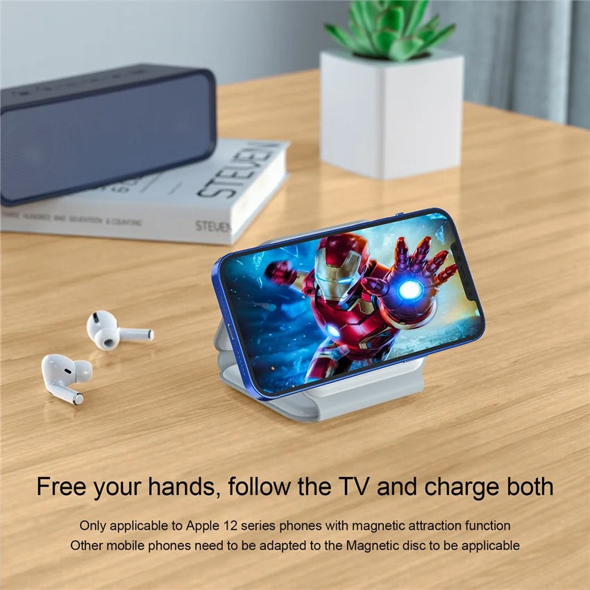Premium 3 in 1 Magnetic Wireless Charger Pad – Portable Fast Charging Dock for iPhone, Apple Watch, AirPods with Foldable Stand, Type-C, 15W Output
