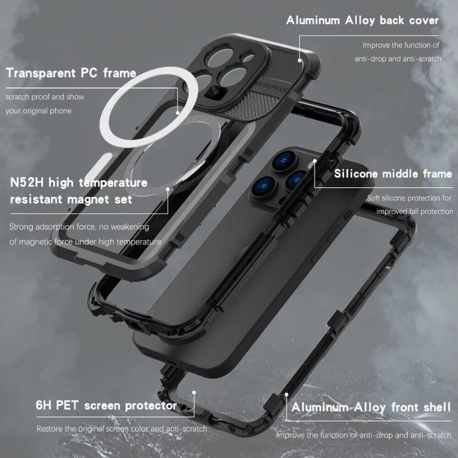 Robust Apple iPhone Case MagSafe Compatible, Camera Lens & Screen Protection, Ultra Thin Shockproof Magnetic Full All Around Protection Cover with IP68 Metal Military Design