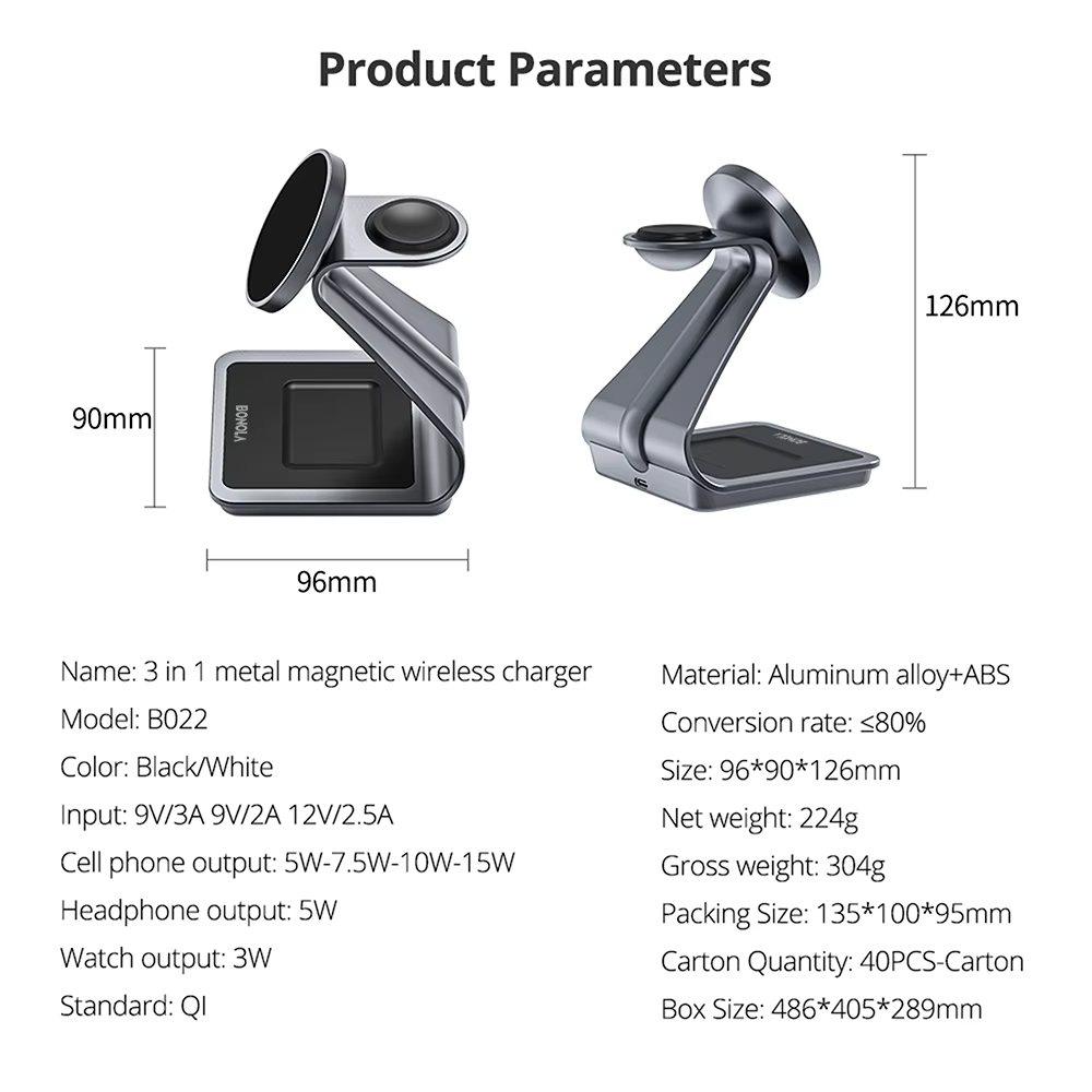 Premium 3 in 1 Magnetic Wireless Charging Stand – 15W Fast Charger Dock with Aluminum Alloy Metal Design for iPhone, Apple Watch and AirPods