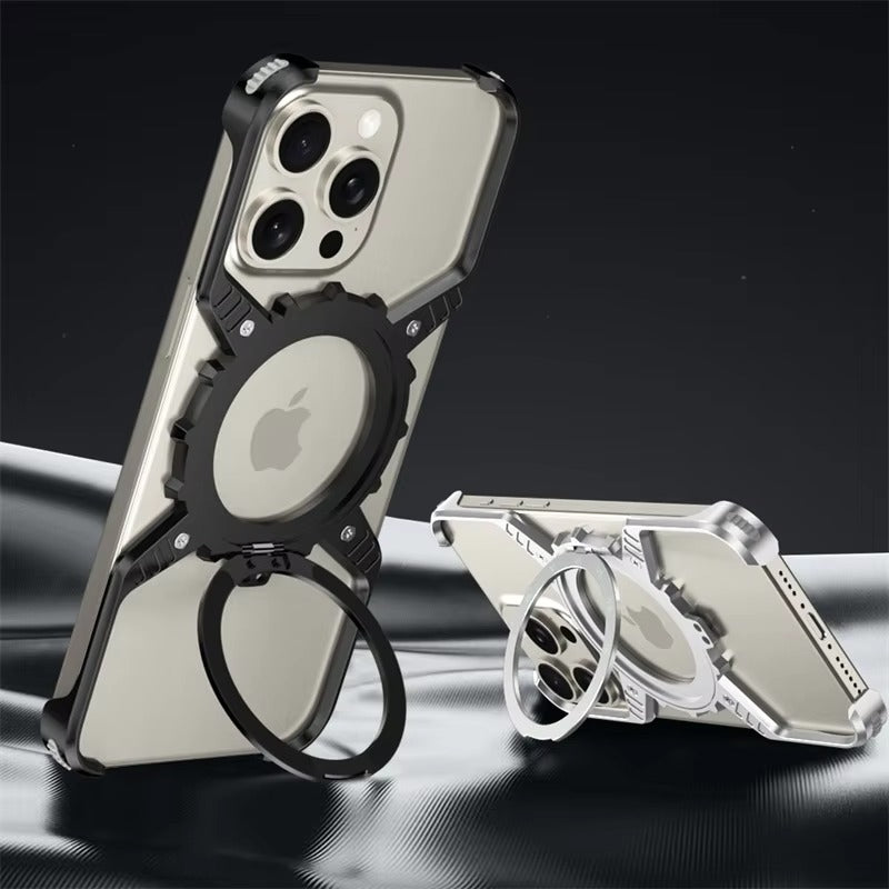 Robust Apple iPhone Case, MagSafe Compatible, Camera Lens & Screen Protection, Ultra Thin, Shockproof, Magnetic Full All Around Cover – X-Shaped Gear Aluminum Case with 360° Stand & Noctilucent Frameless Design