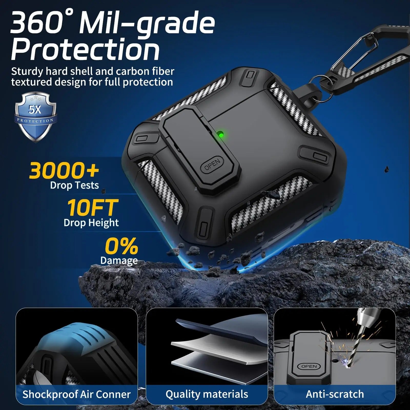 Premium Carbon Fiber AirPods Case Cover – Shockproof TPU Hard Shell with Secure Lock, Keychain, Wireless Charging Compatible for AirPods Pro 2, 3, 2, 1 & 4