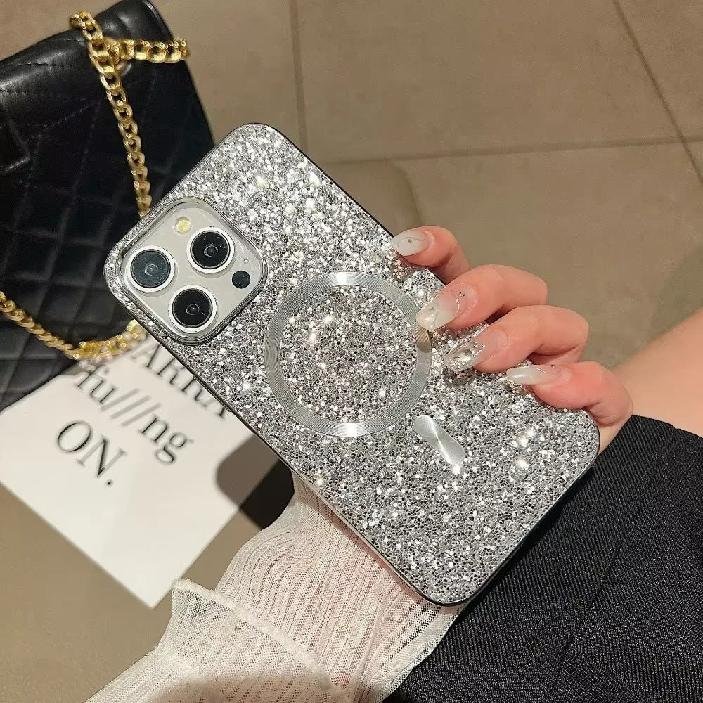 Luxury Apple iPhone Case, MagSafe Compatible, Camera Lens & Screen Protection, Ultra Thin, Shockproof, Magnetic Full All Around Cover – Bling Glitter Magnetic Case with Shockproof Protective Back for Stylish Appeal