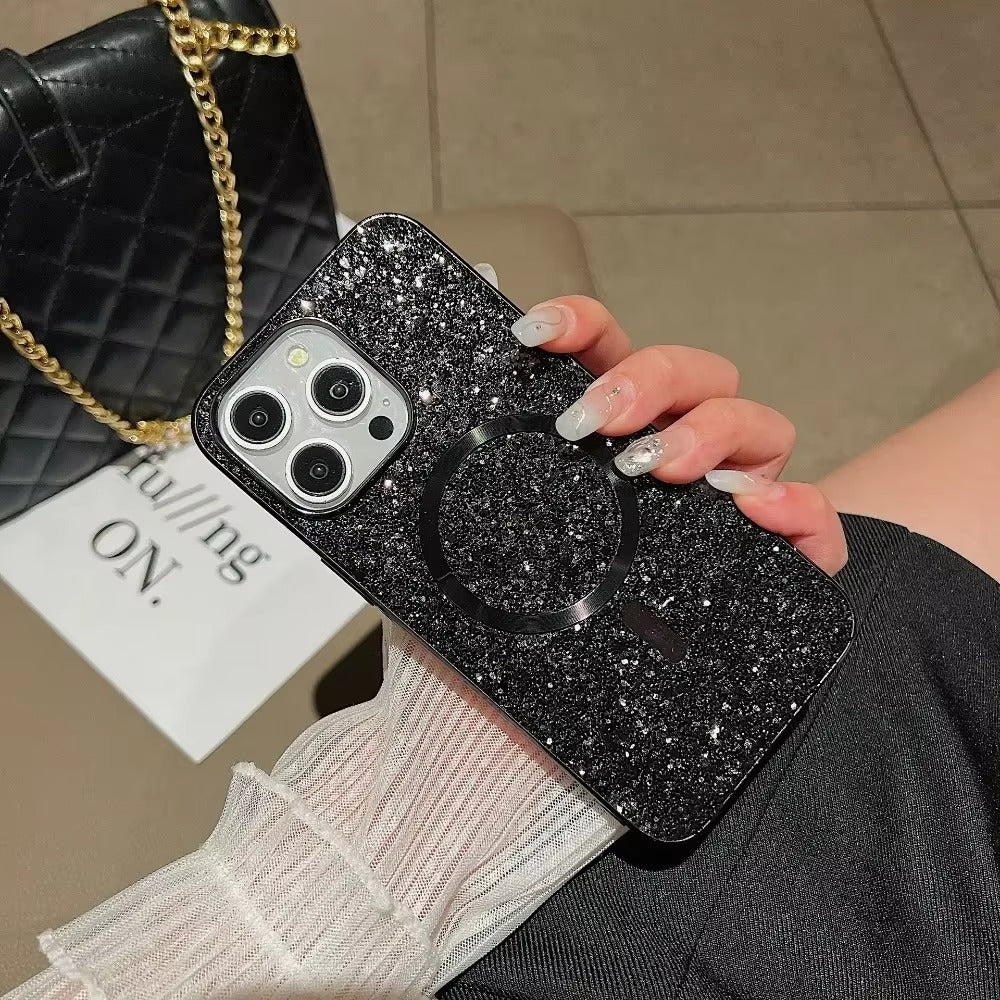 Luxury Apple iPhone Case, MagSafe Compatible, Camera Lens & Screen Protection, Ultra Thin, Shockproof, Magnetic Full All Around Cover – Bling Glitter Magnetic Case with Shockproof Protective Back for Stylish Appeal
