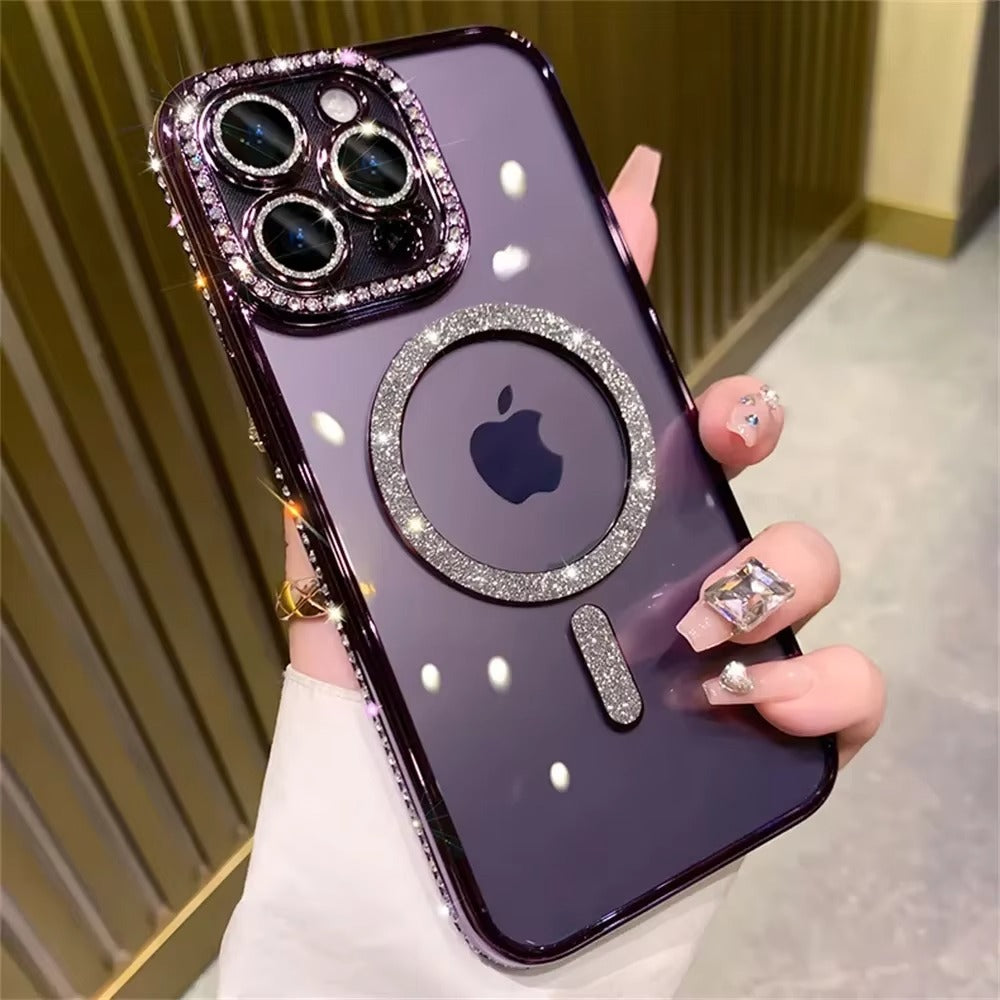 Luxury Apple iPhone Case, MagSafe Compatible, Camera Lens & Screen Protection, Ultra Thin, Shockproof, Magnetic Full All Around Cover – Glitter Diamond Transparent Case with Wireless Charging & Bumper Edge Design