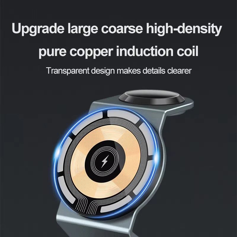 Luxury 3 in 1 Magnetic Wireless Charger Stand – Transparent Fast Charging Dock for iPhone, Apple Watch, AirPods with Aluminum Alloy Design, 15W Output