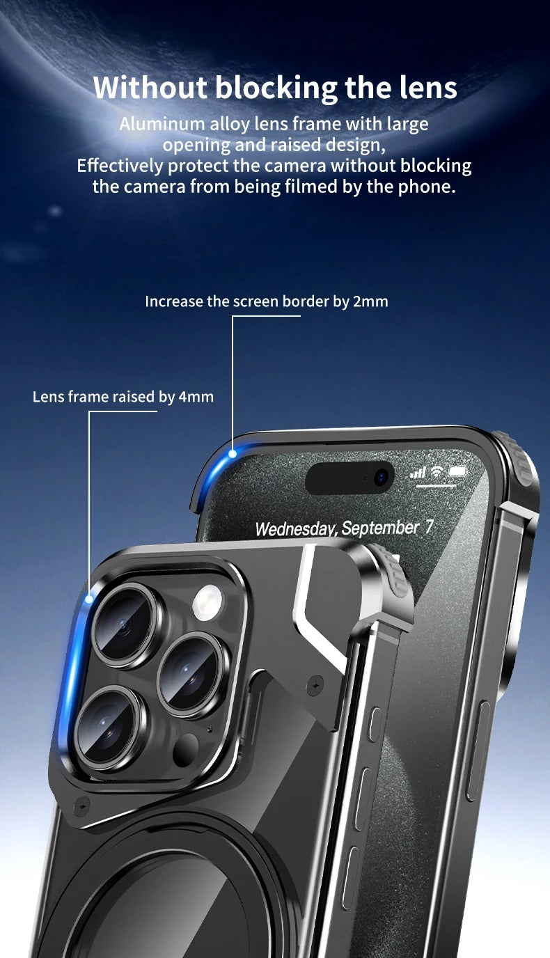 Luxury Apple iPhone Case, MagSafe Compatible, Camera Lens & Screen Protection, Ultra Thin, Shockproof, Magnetic Full All Around Cover – 360° Aluminum Alloy Rimless Case with Transparent PC & Built-In Bracket
