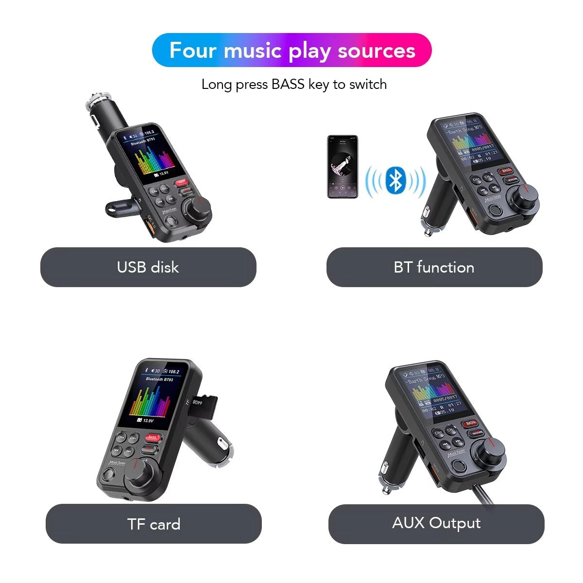 Premium, 1.8-Inch, Wireless Bluetooth FM Transmitter for Car, AUX Support, QC3.0 Charging, Treble, Bass Adjustment,