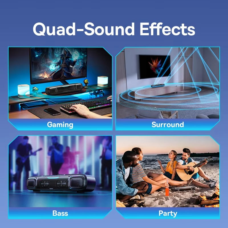 Premium Mini Bluetooth Soundbar for iPhone & Mac – Desk Speaker with 3D Surround Audio, Triple-Mode Playback, Subwoofer