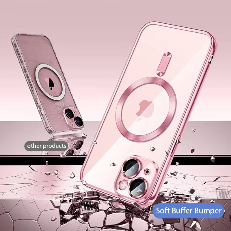 Luxury Apple iPhone Case, MagSafe Compatible, Camera Lens & Screen Protection, Ultra Thin, Shockproof, Magnetic Full All Around Cover – Plating Transparent Silicone TPU Case with Magnetic Back & Lens Film Protection