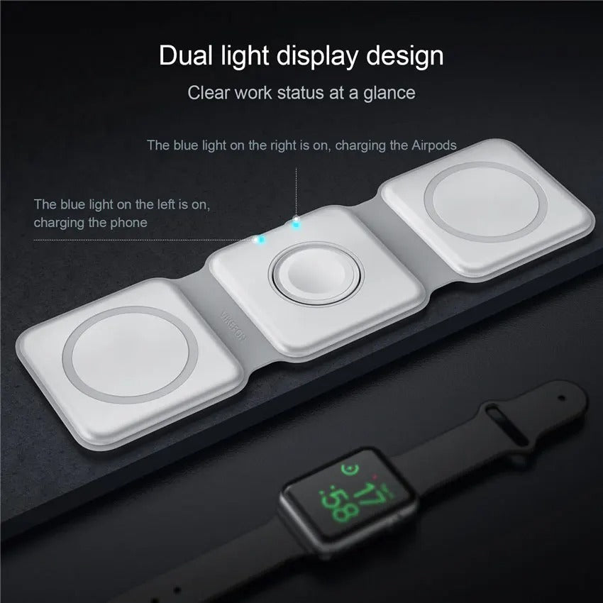 Premium 3 in 1 Magnetic Wireless Charger Pad – Portable Fast Charging Dock for iPhone, Apple Watch, AirPods with Foldable Stand, Type-C, 15W Output
