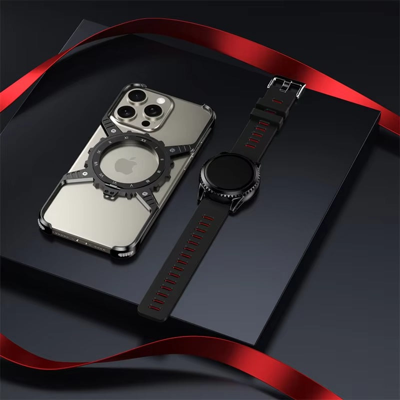 Robust Apple iPhone Case, MagSafe Compatible, Camera Lens & Screen Protection, Ultra Thin, Shockproof, Magnetic Full All Around Cover – X-Shaped Gear Aluminum Case with 360° Stand & Noctilucent Frameless Design