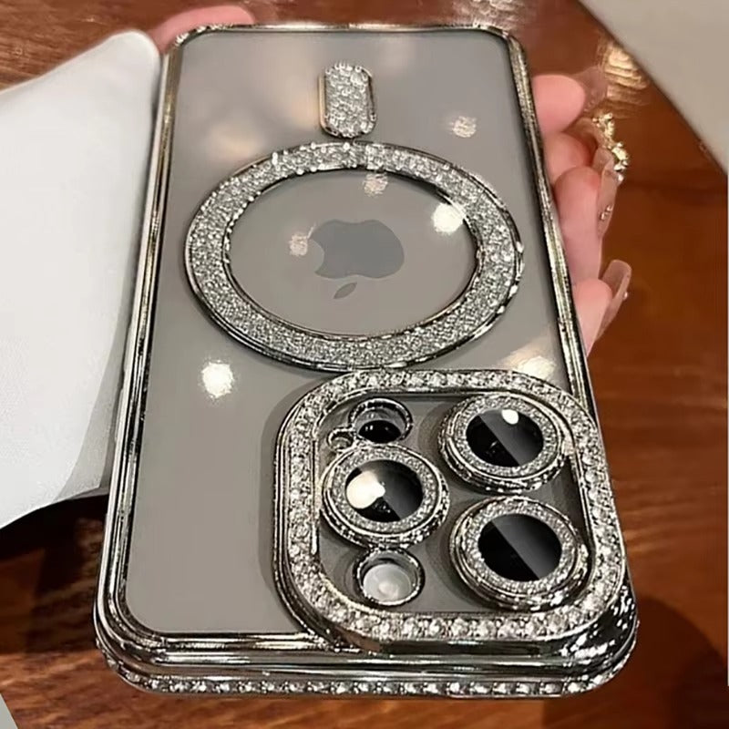 Luxury Apple iPhone Case, MagSafe Compatible, Camera Lens & Screen Protection, Ultra Thin, Shockproof, Magnetic Full All Around Cover – Glitter Diamond Transparent Case with Wireless Charging & Bumper Edge Design
