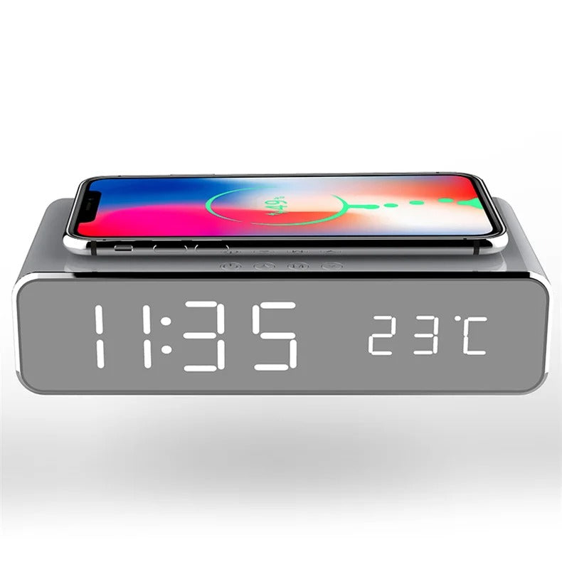 Luxury Wireless Charging Alarm Clock – LED Digital Thermometer Dock Station with Fast 5W Charger for Phones, Smartwatches, and Earbuds