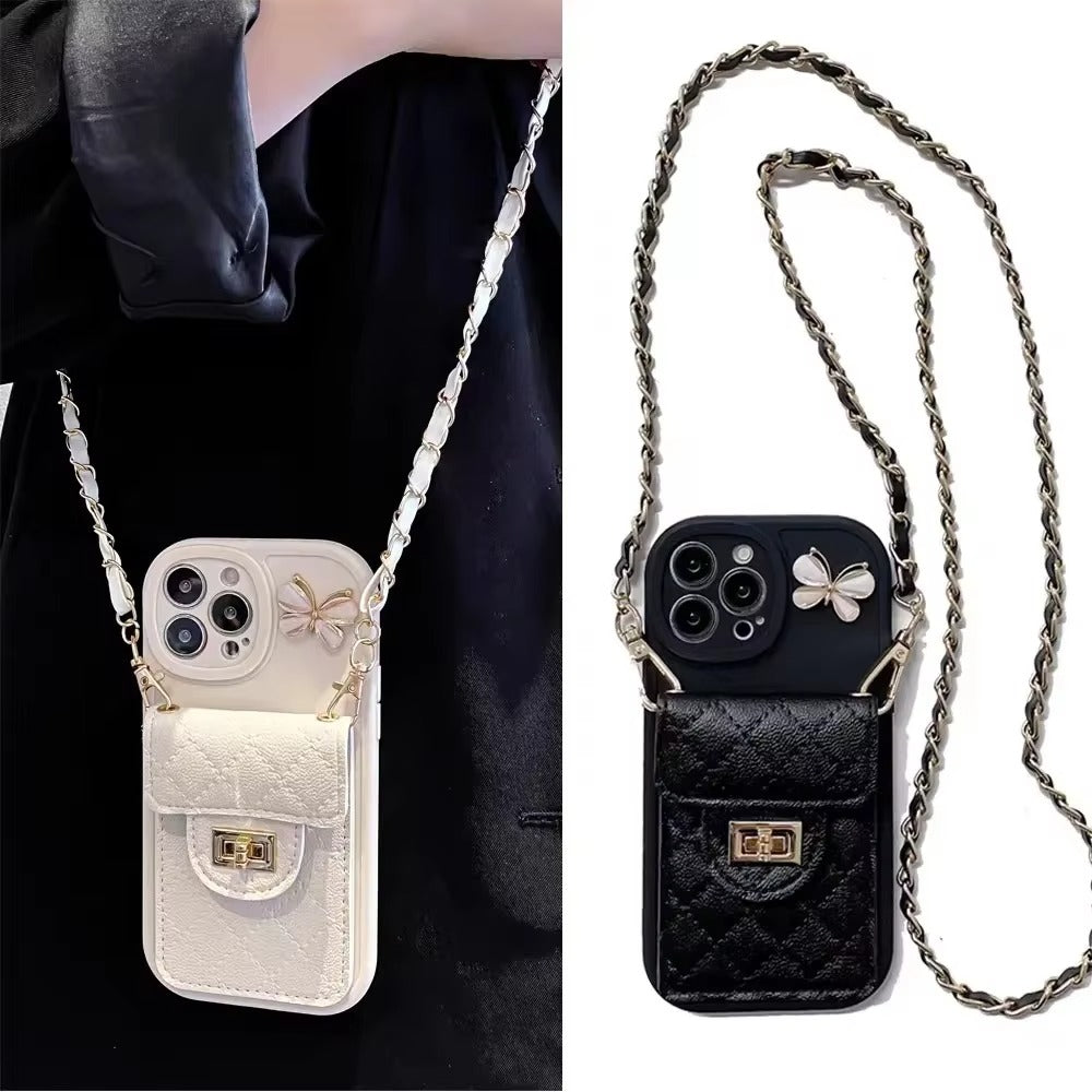 Luxury Apple iPhone Case, MagSafe Compatible, Camera Lens & Screen Protection, Ultra Thin, Shockproof, Magnetic Full All Around Cover – Lingge Envelope Crossbody Card Bag with Long Necklace Strap
