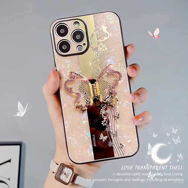 Fashion Apple iPhone Case, MagSafe Compatible, Camera Lens & Screen Protection, Ultra Thin, Shockproof, Magnetic Full All Around Cover – Butterfly Ring Holder Case with Full Shockproof Armor Back for Girls