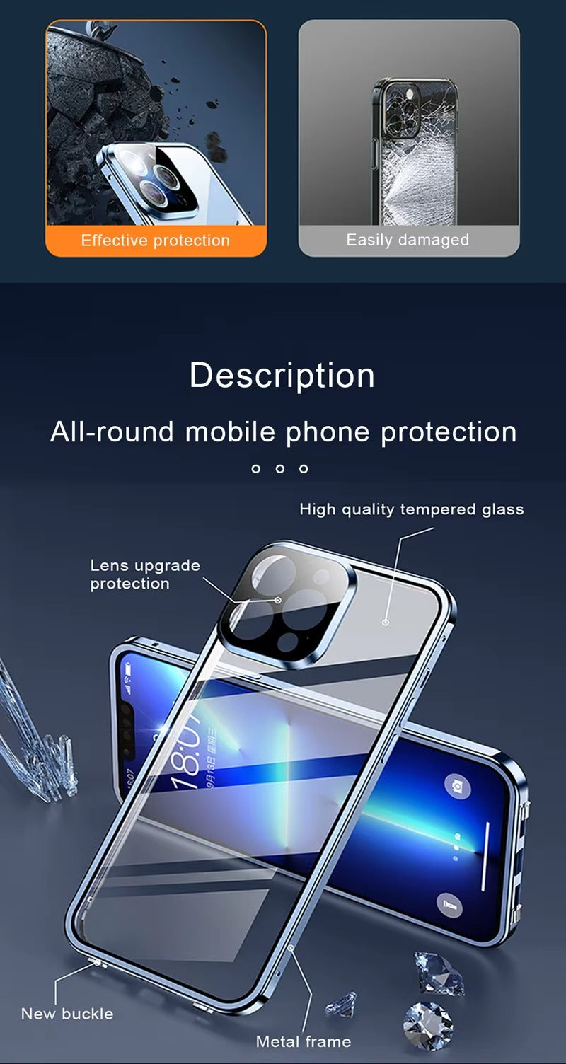 High Quality Apple iPhone Case MagSafe Compatible, Camera Lens & Screen Protection Cover with Double Glass Metal Buckle