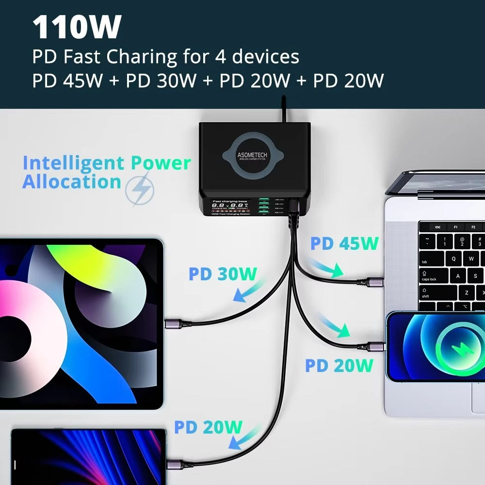 Premium 110W USB C Charging Station – Multi Port 9 in 1 Fast Charger with PD QC3.0, Wireless Charging, Digital Display for Phones, Tablets and Earbuds