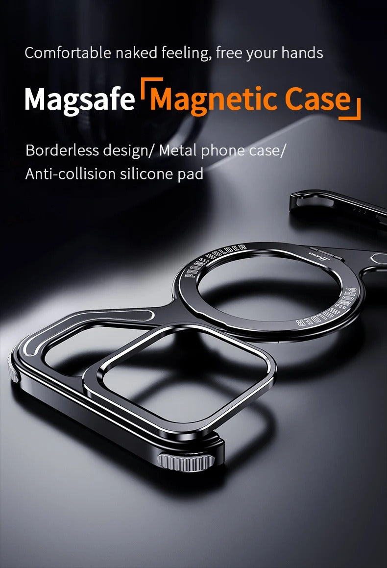 Premium Apple iPhone Case, MagSafe Compatible, Camera Lens & Screen Protection, Ultra Thin, Shockproof, Magnetic Full All Around Cover – Z-Type Aluminum Alloy Rimless Case with Snap-On Bracket & Metal Frame
