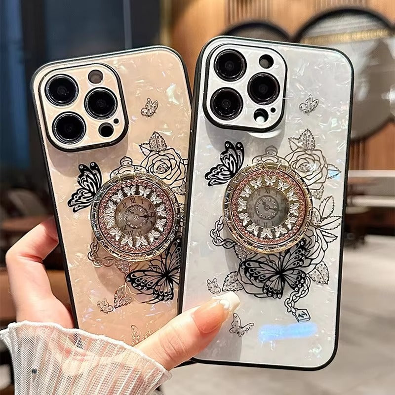 Luxury Apple iPhone Case, MagSafe Compatible, Camera Lens & Screen Protection, Ultra Thin, Shockproof, Magnetic Full All Around Cover – Butterfly Flower Pattern Silicone Case with Diamond Ring Holder & Hard Back Protection