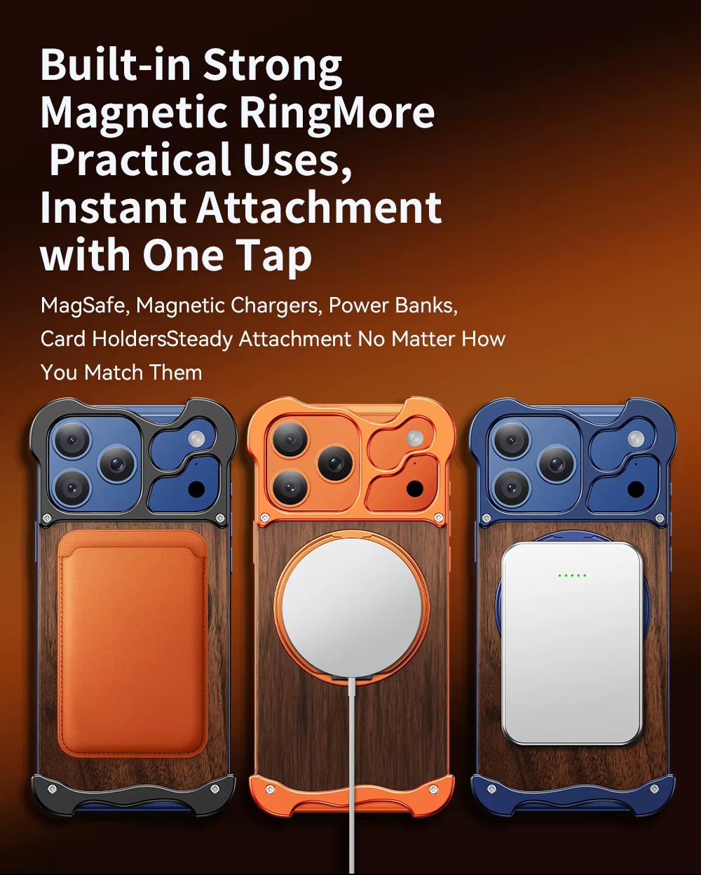 Luxury Wood & Aluminum iPhone Case – MagSafe Compatible Magnetic Cover with 360° Rotating Ring Stand, Shockproof Frame and Camera Lens Protection