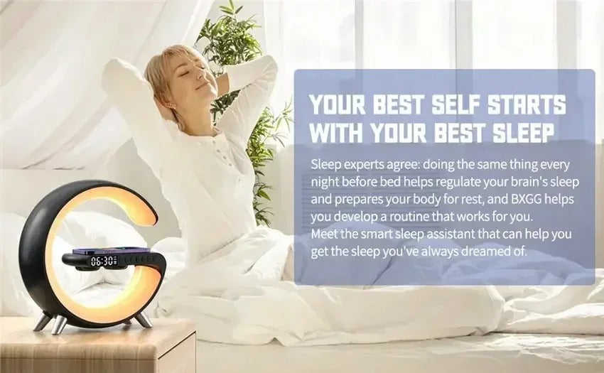 Luxury Wireless Charging Alarm Clock – Bluetooth Speaker with Sunrise Wake-Up Light, RGB Night Lamp, Sleep Aid, 5W Fast Charger for Qi-Enabled Devices