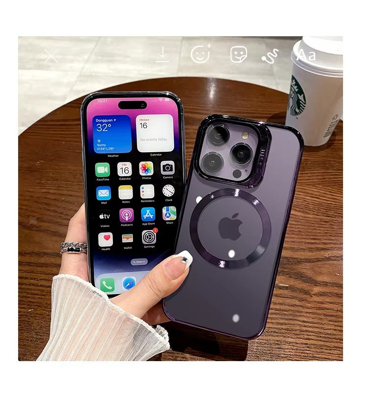 Luxury Apple iPhone Case Ultra Thin Shockproof Magnetic Full All Around Protection Cover with Transparent Plating Bracket