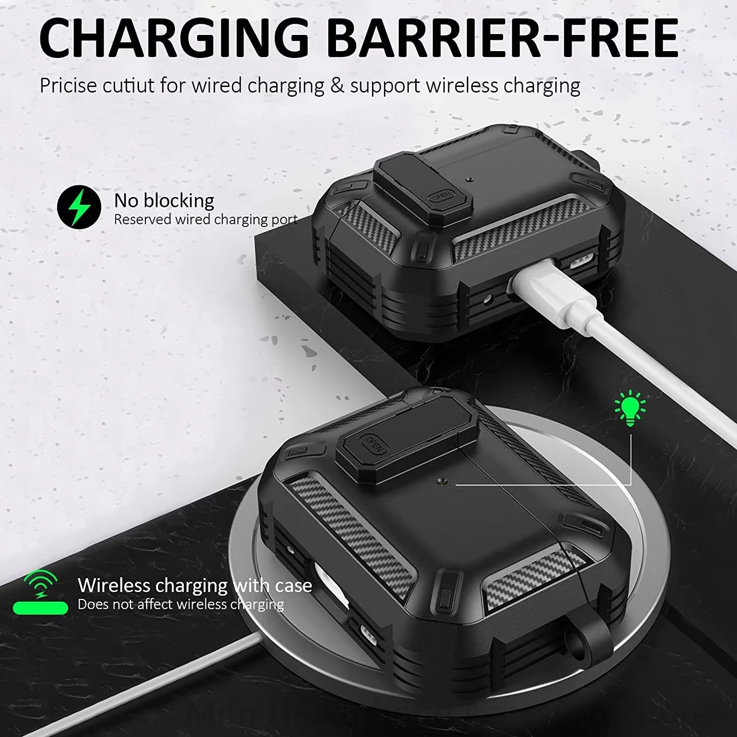 Premium Carbon Fiber AirPods Case Cover – Shockproof TPU Hard Shell with Secure Lock, Keychain, Wireless Charging Compatible for AirPods Pro 2, 3, 2, 1 & 4