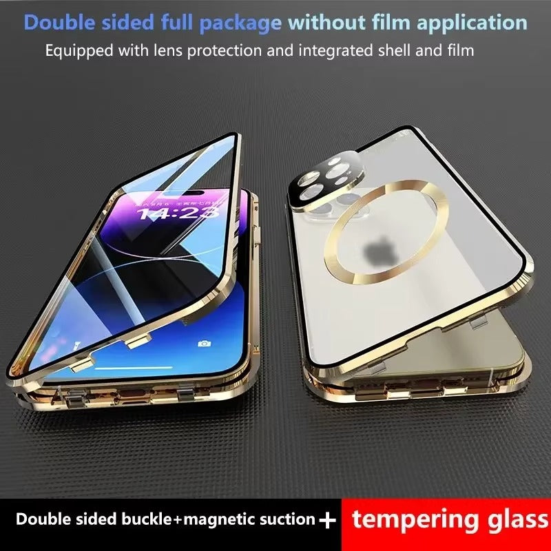 Premium Apple iPhone Case Ultra Thin Shockproof Magnetic Full All Around Protection Cover with Metal Frame Glass Design